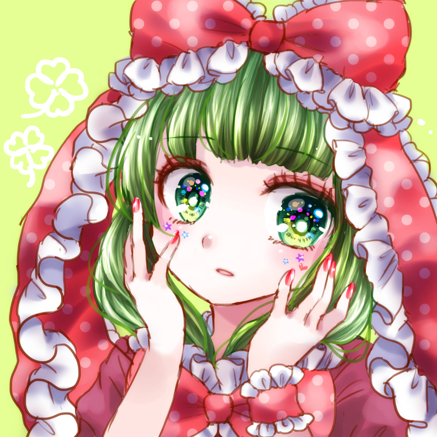 bad_id bad_pixiv_id blunt_bangs clover eyelashes female four-leaf_clover frills green_eyes green_hair hands_on_own_face highres kagiyama_hina kuyuru_(vocalo520) looking_at_viewer nail_polish portrait red_nails red_ribbon ribbon simple_background solo star_(symbol) touhou wrist_cuffs yellow_background