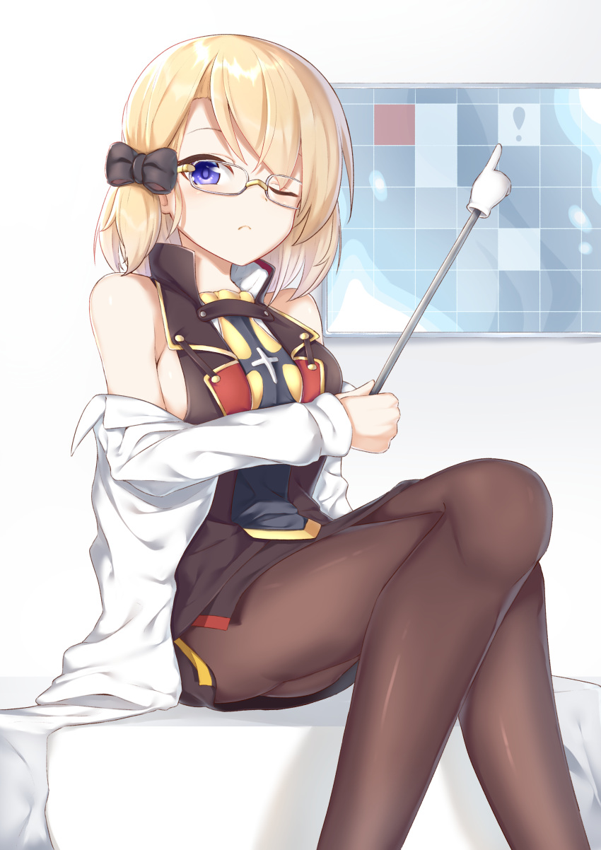 absurdres azur_lane bare_shoulders black_pantyhose blonde_hair blue_eyes breasts commentary crossed_legs female frown glasses hair_ribbon highres jacket karla_(kimidori3) lab_coat legs looking_at_viewer monitor necktie off_shoulder official_alternate_costume one_eye_closed pantyhose pointer ribbon short_hair sideboob sitting solo thighs z23_(azur_lane) z23_(philosophy_sensei)_(azur_lane)