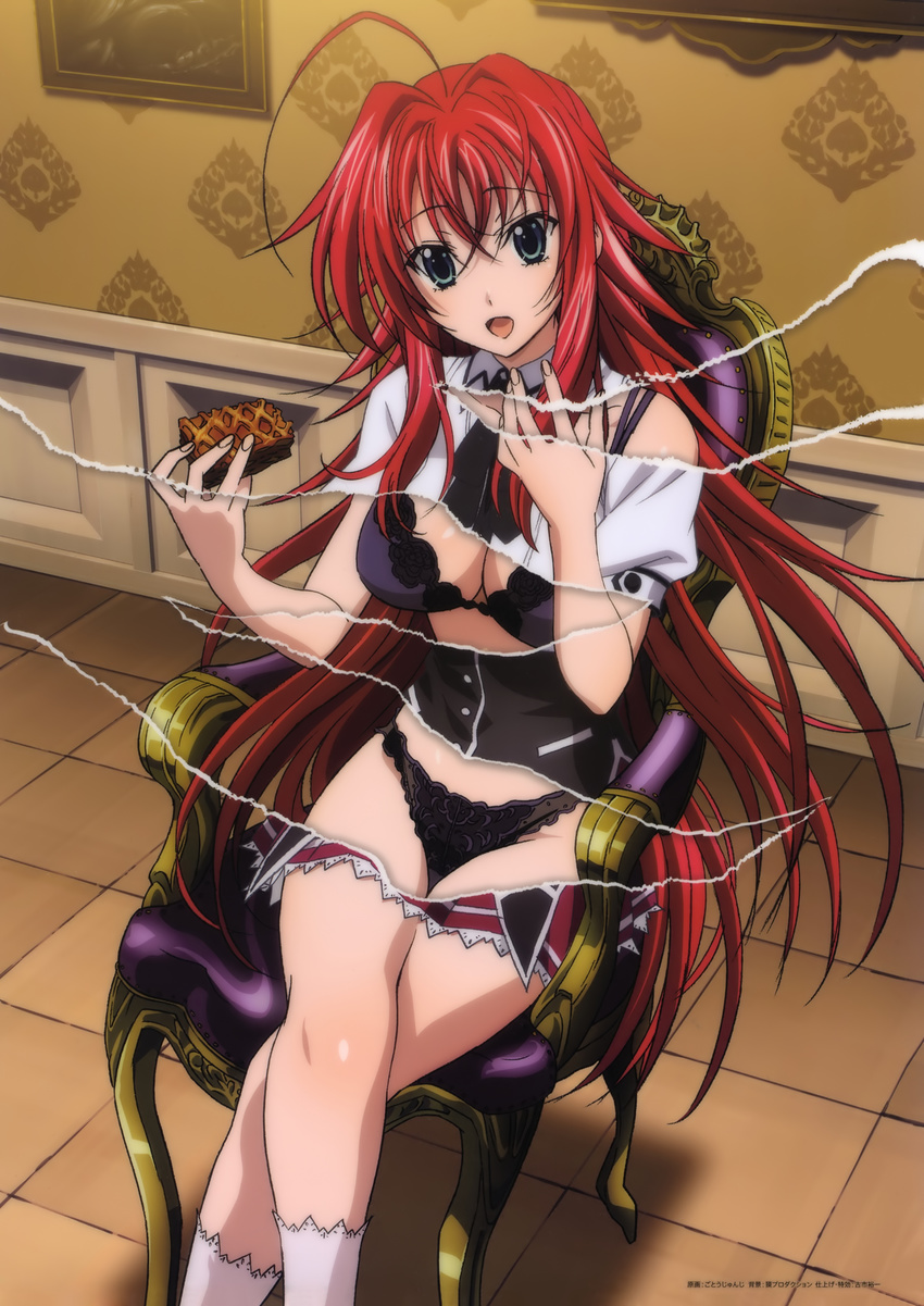 absurdres ahoge blue_eyes bra breasts cleavage crossed_legs female food gotou_junji high_school_dxd highres large_breasts long_hair looking_at_viewer official_art open_mouth page_tear panties red_hair revealing_layer rias_gremory school_uniform solo underwear very_long_hair