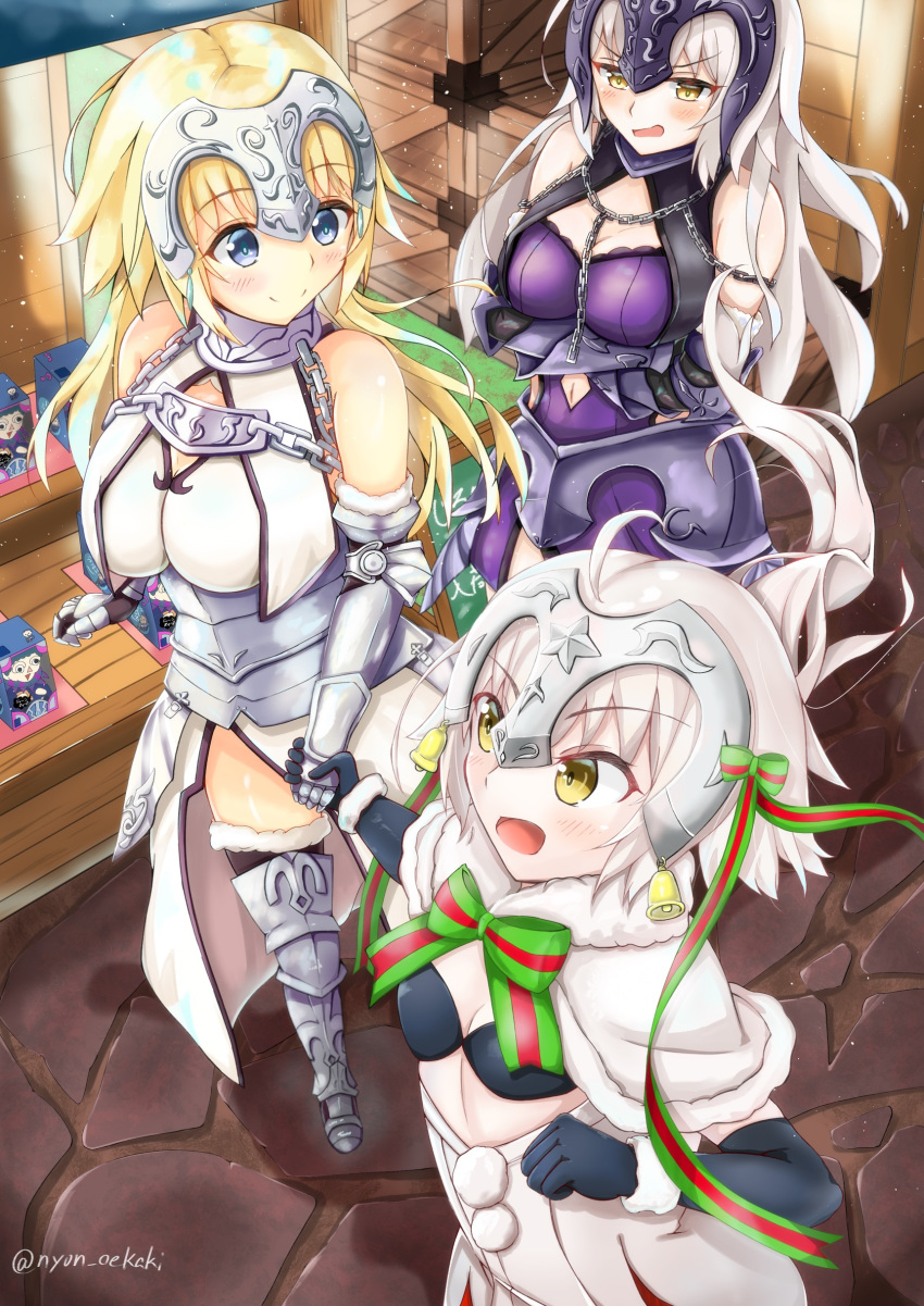 3girls :o absurdres ahoge armor armored_dress bell bikini bikini_top_only black_bikini black_gloves blonde_hair blue_eyes blush bow breasts capelet chains cleavage cleavage_cutout clothing_cutout commentary_request crossed_arms elbow_gloves fate/grand_order fate_(series) fur-trimmed_capelet fur_trim gauntlets gilles_de_rais_(caster)_(fate) gloves green_bow green_ribbons grey_hair headpiece highres holding_hands jeanne_d'arc_(fate) jeanne_d'arc_(third_ascension)_(fate) jeanne_d'arc_alter_(avenger)_(fate) jeanne_d'arc_alter_(avenger)_(third_ascension)_(fate) jeanne_d'arc_alter_(fate) jeanne_d'arc_alter_santa_lily_(fate) large_breasts long_hair multiple_girls navel navel_cutout nyoon ribbon small_breasts smile striped striped_bow striped_ribbon swimsuit white_capelet yellow_eyes