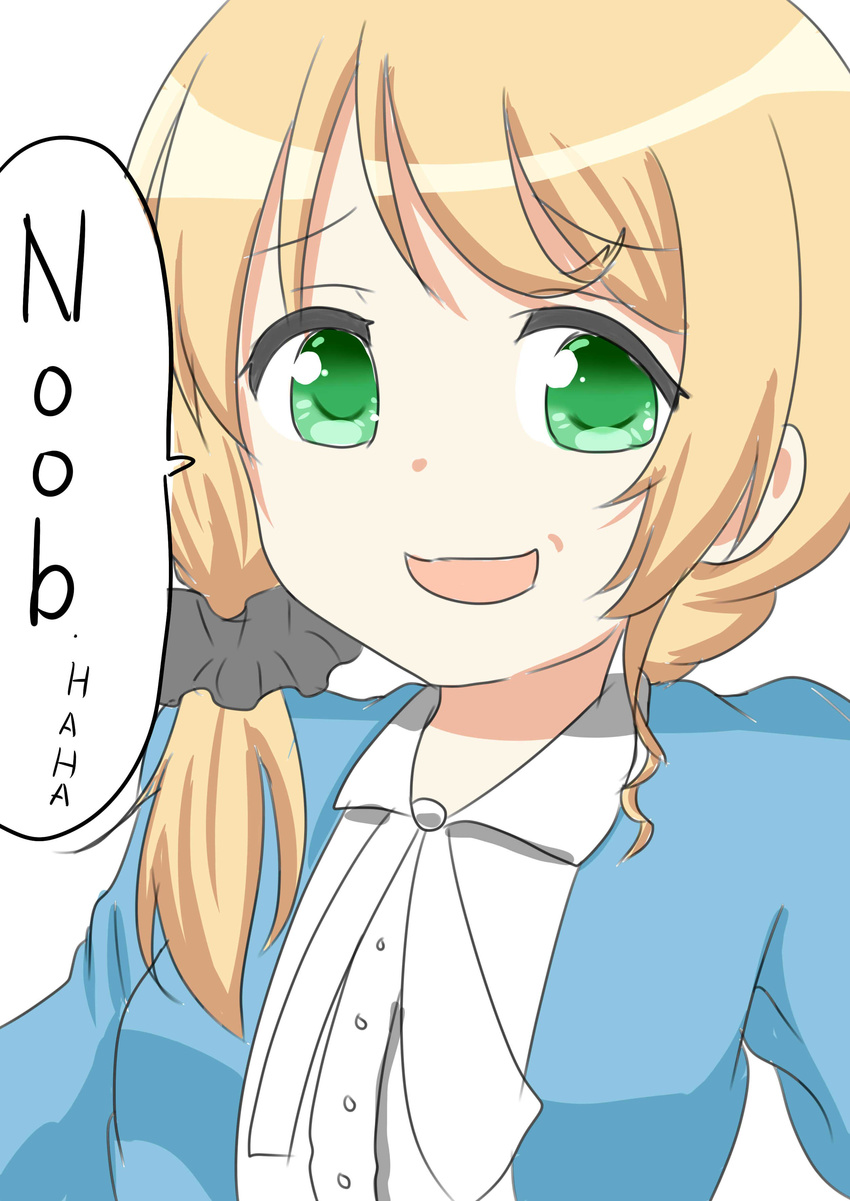 absurdres beni_mirin blonde_hair blue_jacket commentary_request ellen_baker english_text female green_eyes highres insult insulting_viewer jacket laughing long_hair new_horizon shirt slang smirk solo speech_bubble white_shirt