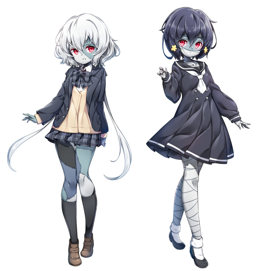 2girls bandaged_leg bandages black_bow black_dress black_footwear black_hair black_jacket black_legwear black_sailor_collar black_skirt blazer blush bobby_socks bow brown_cardigan brown_footwear cardigan closed_mouth collared_shirt commentary_request cosplay costume_switch dress fingernails hair_between_eyes highres jacket kneehighs konno_junko konno_junko_(cosplay) loafers long_hair long_sleeves low_twintails mizuno_ai mizuno_ai_(cosplay) multiple_girls neckerchief open_clothes open_jacket patchwork_skin plaid plaid_bow plaid_skirt pleated_dress pleated_skirt poseich puffy_long_sleeves puffy_sleeves red_eyes sailor_collar school_uniform shirt shoes skirt socks standing stitches twintails very_long_hair white_hair white_legwear white_neckerchief white_shirt zombie zombie_land_saga