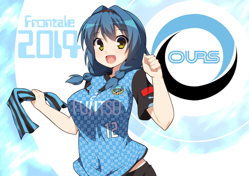 2014 :d blue_hair blush braid breasts commentary_request female furutani_himawari green_eyes hairband hoppege j._league kawasaki_frontale large_breasts looking_at_viewer open_mouth short_hair smile soccer_uniform solo sportswear twin_braids yuru_yuri