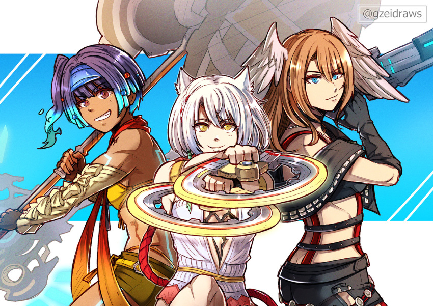 3girls animal_ears blue_hair brown_hair cat_ears chakram cosplay eunie_(xenoblade) final_fantasy final_fantasy_x final_fantasy_x-2 grey_hair gzei hammer head_wings headband highres mio_(xenoblade) multiple_girls orange_scarf paine_(ff10) paine_(ff10)_(cosplay) rikku_(ff10) rikku_(ff10)_(cosplay) scarf sena_(xenoblade) short_hair staff weapon wings xenoblade_chronicles_(series) xenoblade_chronicles_3 yuna_(ff10) yuna_(ff10)_(cosplay)