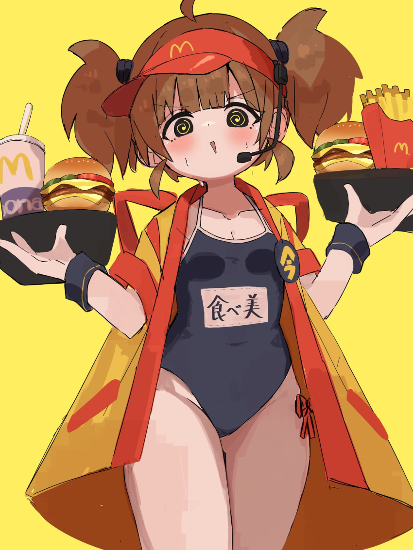 :> :d @_@ badge black_eyes black_one-piece_swimsuit black_wristband blush breasts brown_eyes brown_hair burger button_badge character_name cheese cleavage commentary cowboy_shot cup disposable_cup double_cheese_(mcdonald's) embarrassed female flustered food french_fries groin happi hat headset highres holding holding_tray japanese_clothes looking_at_viewer mcdonald's mero_remo_sugoi microphone navel nervous nervous_smile nervous_sweating one-piece_swimsuit open_happi open_mouth petite pickle red_hat red_trim revision school_swimsuit sesame_seeds short_hair small_breasts smile soda solo sweat sweatdrop swimsuit tomato tomato_slice translated tray twintails two-tone_eyes v-shaped_eyebrows visor_cap yellow_background yellow_eyes yellow_happi