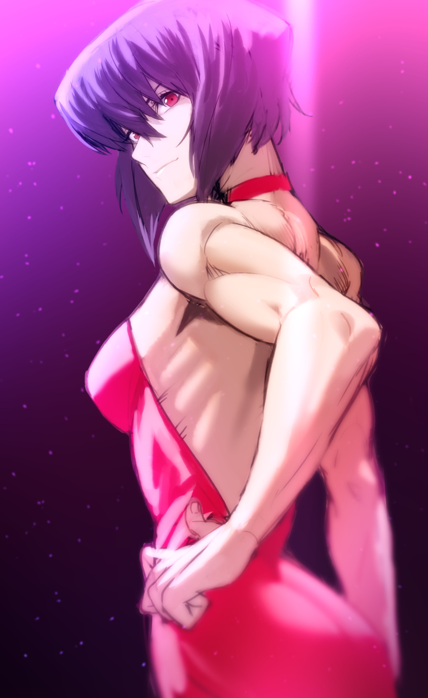 absurdres ass back backless_dress backless_outfit bare_shoulders breasts choker dress female from_side ghost_in_the_shell hand_on_own_hip highres hinomoto_madoka kusanagi_motoko large_breasts looking_ahead muscular muscular_female pink_dress purple_background purple_hair red_choker red_eyes short_hair sidelocks solo