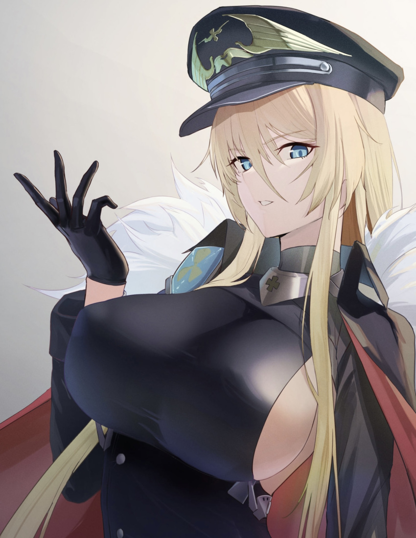 azur_lane bismarck_(azur_lane) bismarck_(coat_of_arms) bismarck_zwei_(azur_lane) black_gloves blonde_hair blue_eyes breasts cape coat_of_arms commentary_request cross female fur-trimmed_cape fur_trim gloves hair_between_eyes hand_up hat highres iron_cross large_breasts lom_(lom_lom_8) long_hair looking_at_viewer military_hat official_alternate_costume peaked_cap sideboob simple_background solo upper_body