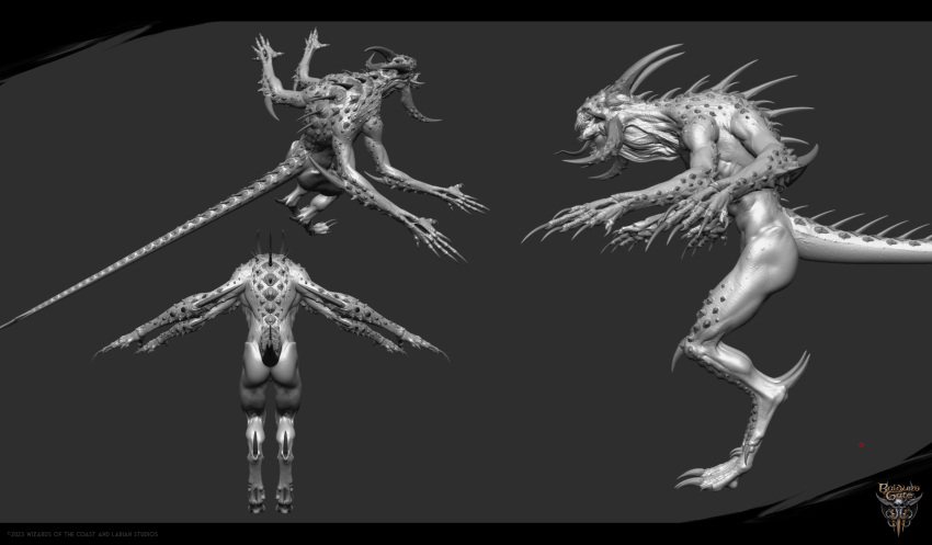 3d_(artwork) absurd_res anthro ass baldur's_gate baldur's_gate_3 bioware biped claws digital_media_(artwork) digitigrade dungeons_and_dragons electronic_arts hasbro hi_res horn mandibles maxime_ponslet model_sheet monster multi_limb muscular muscular_thighs nails nude official_art scales sharp_teeth slayer_(baldur's_gate) solo spikes spikes_(anatomy) tail teeth the_dark_urge_(baldur's_gate) wizards_of_the_coast