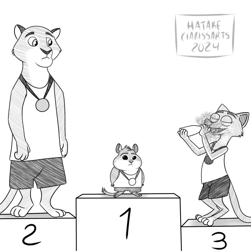 1:1 anthro celebration cougar cricetid disney duke_weaselton felid feline from_front_position group hamster hatakeclarissarts hi_res inktober_2024 male male/male mammal medal monochrome mustelid musteline olympics rodent trio true_musteline victory_position weasel zootopia