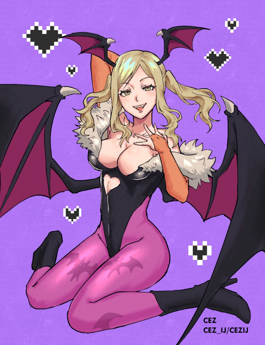 :d animal_print arm_behind_head arm_up artist_name bat_print bat_wings black_footwear black_leotard blonde_hair boots breasts bridal_gauntlets cez clothing_cutout cosplay darkstalkers fangs female fur_trim gloves green_eyes head_wings heart heart_cutout highres leotard long_hair looking_at_viewer medium_breasts morrigan_aensland morrigan_aensland_(cosplay) no_more_heroes orange_gloves pantyhose pink_pantyhose purple_background red_pupils sidelocks simple_background sitting smile solo sylvia_christel twintails wariza wings