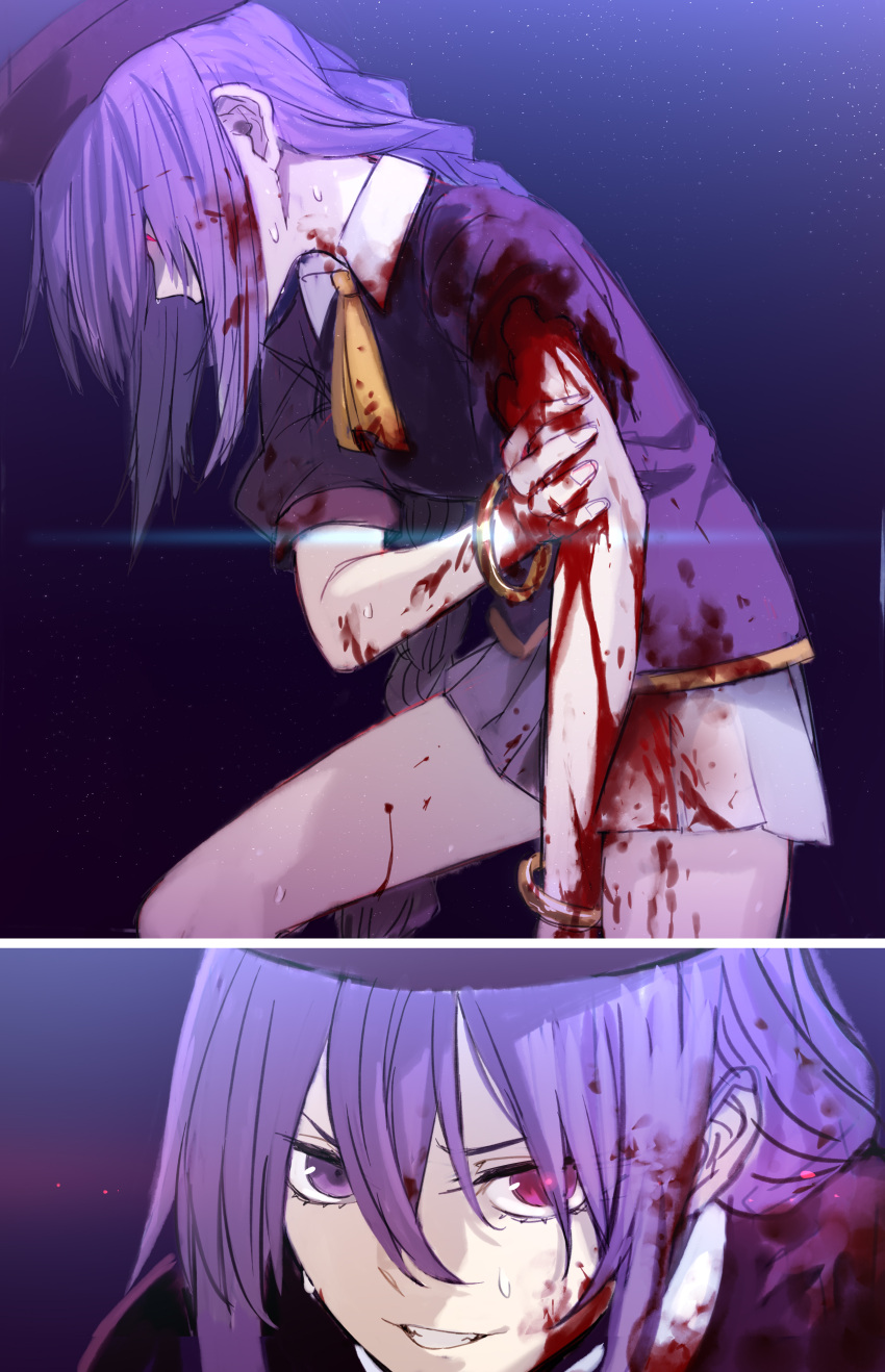 absurdres bleeding blood blood_in_hair blood_on_arm blood_on_clothes blood_on_face blood_on_hands bracelet braid female hat highres hinomoto_madoka injury jewelry long_hair looking_at_viewer melty_blood miniskirt necktie purple_eyes purple_hair purple_shirt shirt single_braid sion_eltnam_atlasia skirt smile solo teeth tsukihime very_long_hair