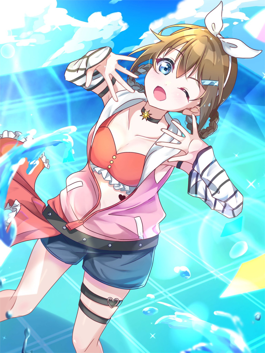 bandeau blue_eyes blue_shorts bow bow_hairband braid braided_hair_rings breasts brown_hair cleavage collarbone commentary_request feet_out_of_frame female frilled_bandeau hair_between_eyes hair_rings hairband highres jacket looking_at_viewer love_live! love_live!_nijigasaki_high_school_idol_club love_live!_nijigasaki_high_school_idol_club_kanketsu-hen medium_breasts official_alternate_costume open_clothes open_jacket open_mouth osaka_shizuku outdoors pussy_juice red_bandeau rise_up_high!_(love_live!) sakari_(pear_8_ll) short_shorts shorts sidelocks sleeveless sleeveless_jacket solo standing white_bow white_hairband