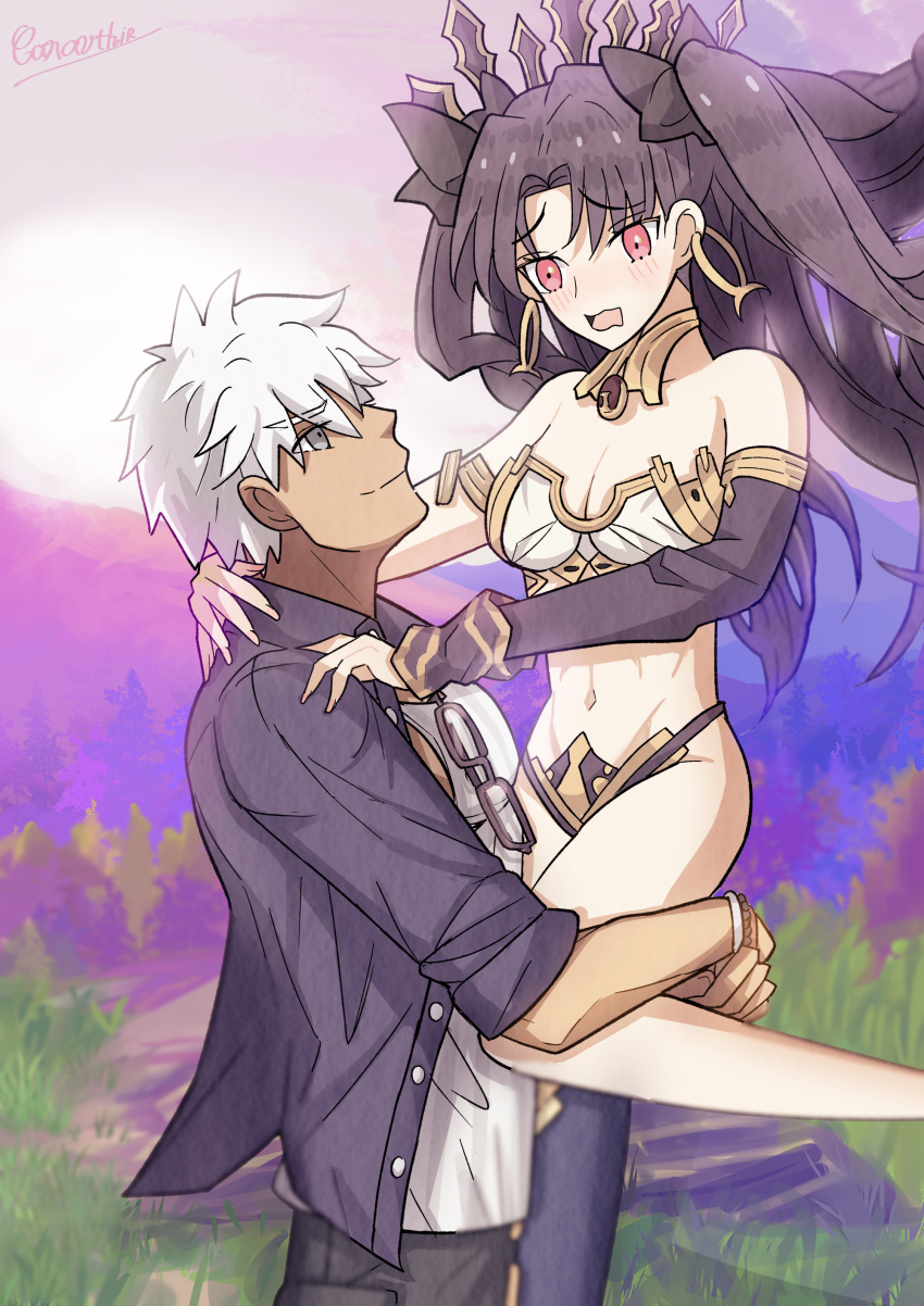 1boy absurdres archer_(fate) bare_shoulders black_hair black_shirt blush bra bracelet breasts caravthir collarbone crown detached_sleeves earrings fate/grand_order fate_(series) female glasses grey_eyes highres ishtar_(fate) jewelry medium_breasts necklace red_eyes shirt signature straight thighhighs tohsaka_rin underwear white_hair white_shirt