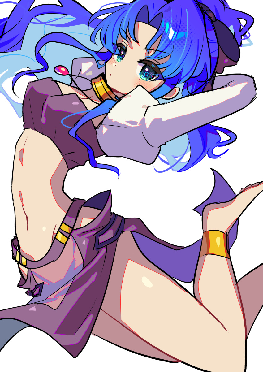 absurdres anklet arms_behind_head arms_up barefoot blue_eyes blue_hair blush bow breasts female gold_choker highres jewelry long_hair looking_at_viewer medium_breasts navel offbeat pendant purple_bow puyopuyo rulue_(puyopuyo) solo stomach thighs white_sleeves