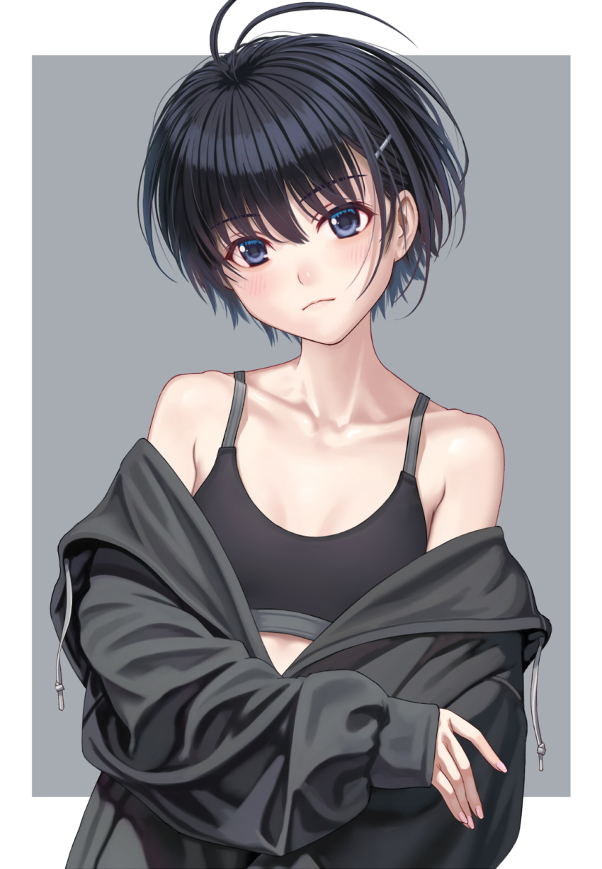 antenna_hair arms_under_breasts bare_shoulders black_eyes black_hair black_hoodie black_sports_bra blue_eyes blush border breasts closed_mouth collarbone commentary crossed_arms drawstring expressionless female grey_background head_tilt highres hood hood_down hoodie idolmaster idolmaster_(classic) idolmaster_1 idolmaster_2 kikuchi_makoto long_sleeves midriff_peek nekopuchi off_shoulder open_clothes open_hoodie outside_border short_hair sleeves_past_wrists small_breasts solo sports_bra standing tomboy upper_body white_border