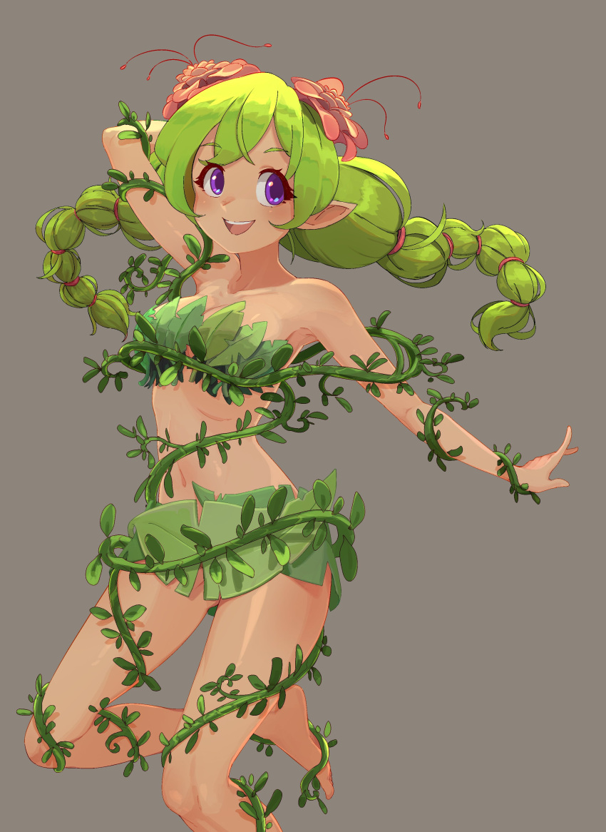 :d absurdres bare_shoulders braid breasts dryad_(terraria) female flower foot_out_of_frame green_hair grey_background hair_flower hair_ornament highres leaf_bikini leaf_bra leaf_clothing leaf_skirt long_hair medium_breasts navel plant pointy_ears purple_eyes simple_background smile suweeka terraria twin_braids vines