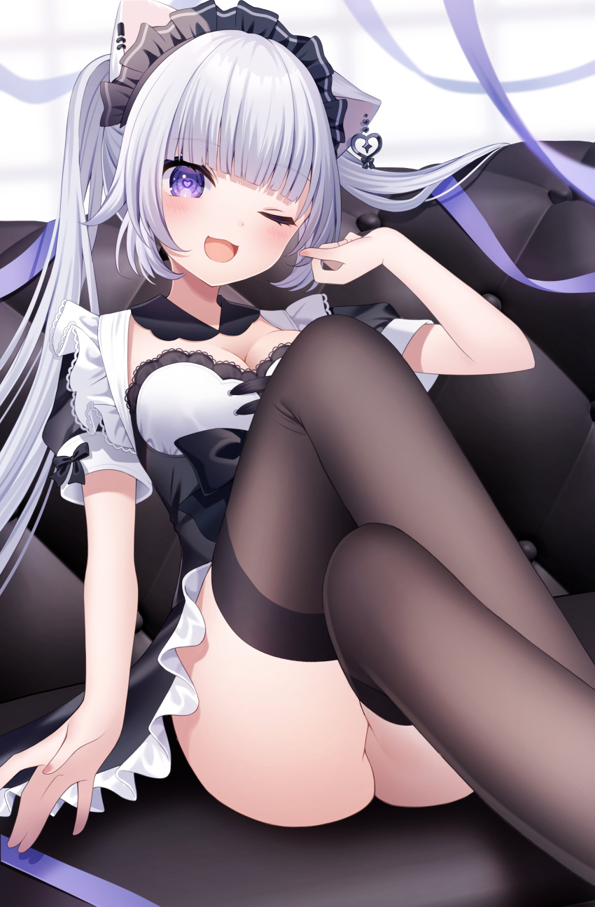 :d absurdres animal_ear_piercing animal_ears black_thighhighs blunt_bangs blush breasts cat_ears cat_girl cleavage couch dress female frilled_dress frills heart heart-shaped_pupils highres looking_at_viewer maid maid_headdress one_eye_closed original puffy_short_sleeves puffy_sleeves purple_eyes purple_ribbon ribbon sapphire_(sapphire25252) short_sleeves smile solo symbol-shaped_pupils thighhighs thighs twintails white_hair