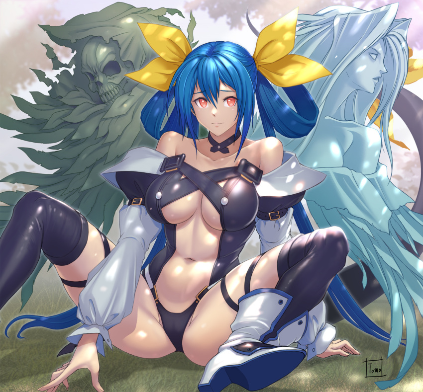 artist_name ass bare_shoulders belt black_choker black_panties black_thighhighs blue_hair blush breasts center_opening choker detached_sleeves dizzy_(guilty_gear) embarrassed female groin guilty_gear guilty_gear_x guilty_gear_xx hair_rings high_heels highres large_breasts long_hair long_sleeves navel necro_(guilty_gear) open_mouth panties puffy_long_sleeves puffy_sleeves red_eyes ribbon simple_background sitting skindentation solo spread_legs stomach tail tail_ornament tail_ribbon thick_thighs thighhighs thighs tomo_eokaiteru toned twintails underboob underwear undine_(guilty_gear)