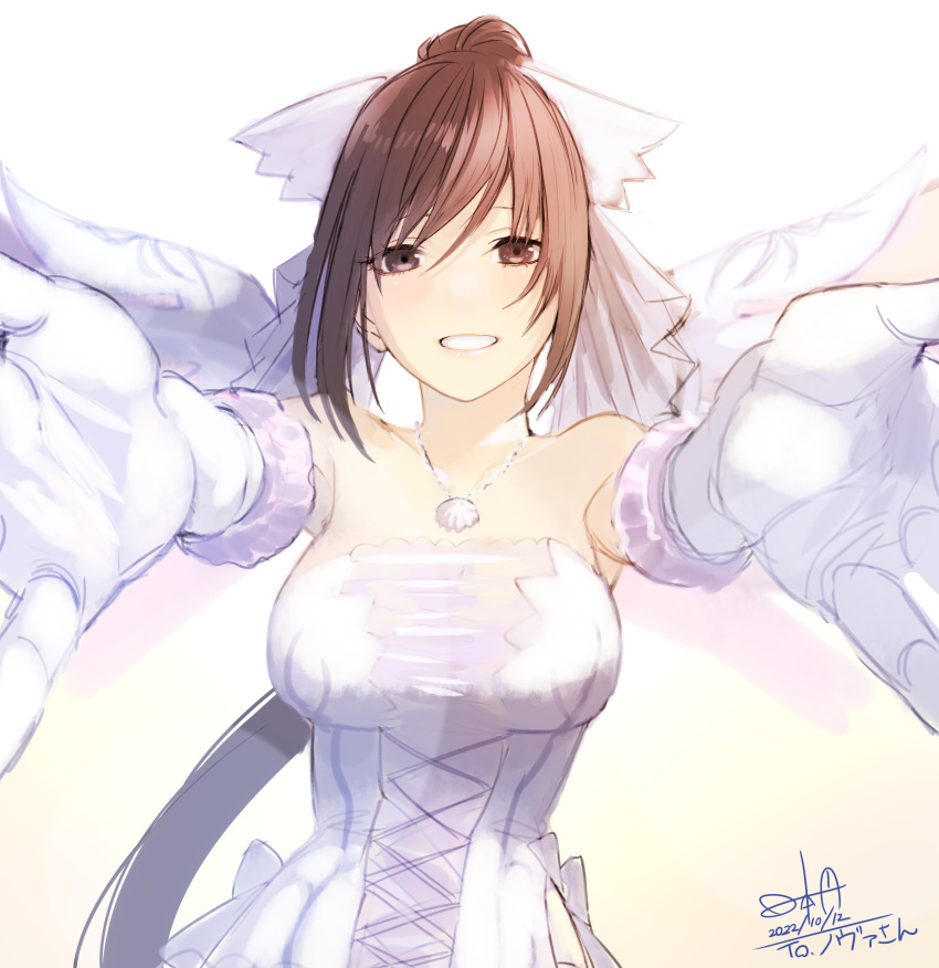 absurdres bare_arms breasts bridal_gauntlets bridal_veil bride brown_eyes brown_hair character_request check_character commission cross-laced_clothes cross-laced_dress dated dress female gloves hair_ribbon highres hinomoto_madoka jewelry large_breasts looking_at_viewer maxima_sakuya_enfield necklace outstretched_arms pendant reaching reaching_towards_viewer ribbon shining_(series) shining_blade signature skeb_commission smile strapless strapless_dress veil wedding_dress white_dress white_gloves