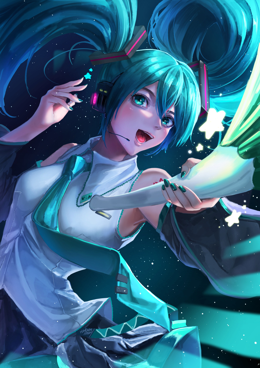 :d absurdres aqua_eyes aqua_hair aqua_nails aqua_necktie arm_tattoo black_skirt black_sleeves breasts commentary_request detached_sleeves female food hatsune_miku headphones headset highres holding holding_food holding_spring_onion holding_vegetable necktie nubo1234 number_tattoo open_mouth partial_commentary shirt skirt sleeveless sleeveless_shirt smile solo spring_onion star_(symbol) tattoo teeth tie_clip tongue twintails vegetable vocaloid white_shirt