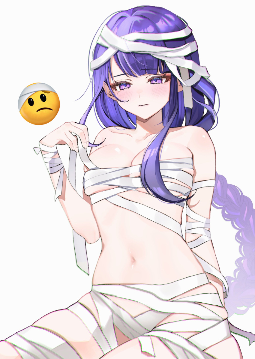 absurdres bandages bare_shoulders blush chest_sarashi emoji female genshin_impact highres long_hair looking_at_viewer makino_(gensekiplease) mummy_costume naked_bandage navel purple_eyes purple_hair raiden_shogun sarashi sitting solo stomach very_long_hair