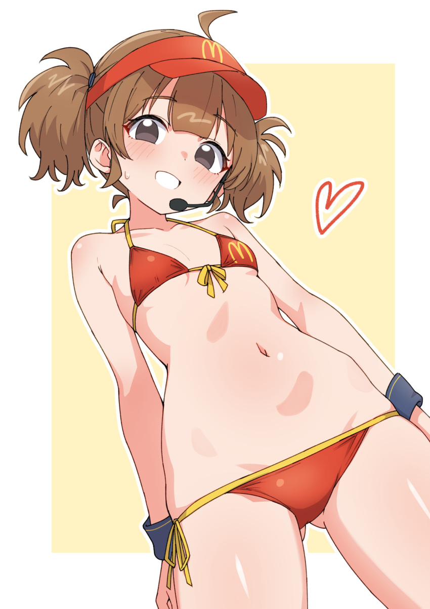 ahoge ass_visible_through_thighs bare_shoulders bikini blush breasts brown_eyes brown_hair commentary_request cowboy_shot double_cheese_(mcdonald's) female front-tie_top groin headset heart highres kamidan looking_at_viewer lowleg lowleg_bikini mcdonald's navel open_mouth petite red_bikini short_hair side-tie_bikini_bottom simple_background small_breasts smile solo standing stomach string_bikini swimsuit two_side_up visor_cap wristband