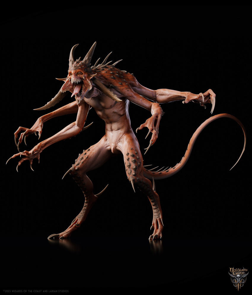 3d_(artwork) abs absurd_res anthro baldur's_gate baldur's_gate_3 bioware biped black_background black_sclera brown_body claws digital_media_(artwork) digitigrade dungeons_and_dragons electronic_arts hasbro hi_res horn mandibles maxime_ponslet monster multi_limb multicolored_body muscular muscular_thighs nails nipples nude official_art orange_eyes pecs scales sharp_teeth simple_background slayer_(baldur's_gate) solo spikes spikes_(anatomy) tail teeth the_dark_urge_(baldur's_gate) two_tone_body wizards_of_the_coast