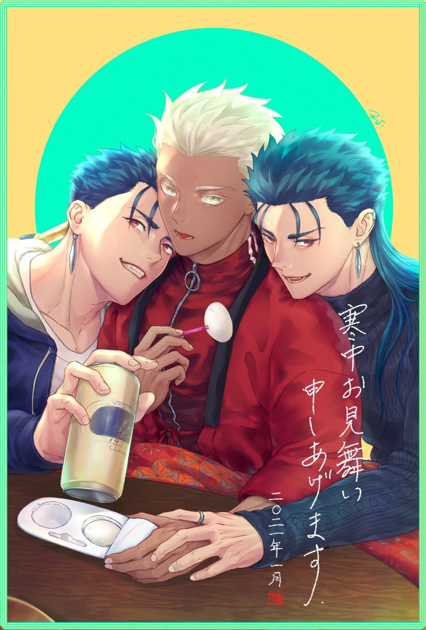 3boys adam's_apple archer_(fate) beer_can blue_hair border can cu_chulainn_(caster)_(fate) cu_chulainn_(fate) cu_chulainn_(fate/stay_night) drink_can earrings eyelashes fate/grand_order fate_(series) fingernails food green_border grey_hair grin highres jewelry male_focus mochi multiple_boys mushi_ari_yoshi o-ring pectorals red_eyes ribbed_sweater ring signature smile sweater tongue tongue_out white_hair yaoi