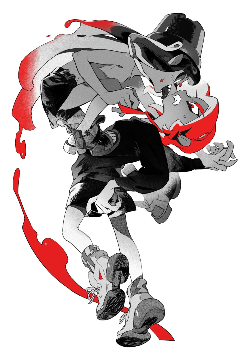 1boy 1other arm_at_side black_sclera bucket bucket_on_head clothes_grab colored_sclera constricted_pupils dynamic_pose evil_smile eye_contact fangs flat_chest from_side full_body greyscale hand_grab highres inkling_player_character interlocked_fingers knee_up leaning_back licking licking_another's_face long_hair long_sleeves looking_at_another medium_hair monochrome necktie necktie_grab neckwear_grab object_on_head octoling octoling_boy octoling_player_character on_person outstretched_arm outstretched_leg pointy_ears red_eyes red_hair red_necktie sandals shoes shorts simple_background slosher_(splatoon) smile socks splatoon_(series) spot_color squatting standing standing_on_one_leg sweatdrop tongue tongue_out topless white_background wide-eyed yakiyori_0001