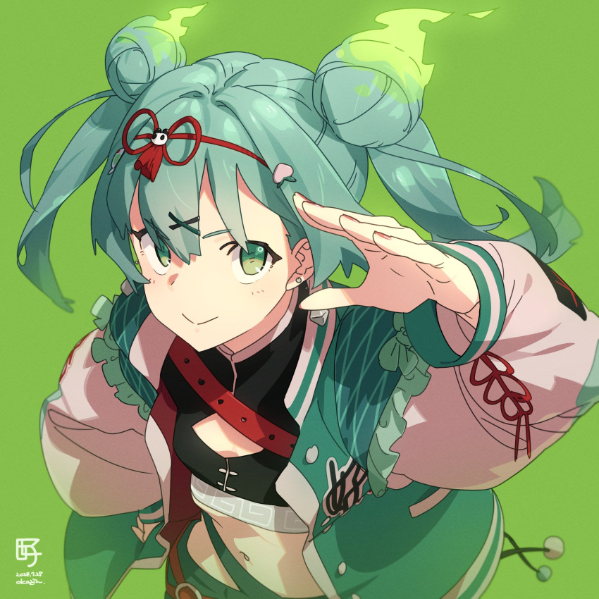 alternate_costume animal_print aqua_hair bear_print belt black_shirt bomber_jacket double_bun earrings female fiery_hair food-themed_hair_ornament green_background green_eyes hair_bun hair_ornament hair_ribbon hand_on_own_hip hao_(vocaloid) hatsune_miku highres jacket jewelry long_sleeves looking_at_viewer midriff navel okazin0310 open_clothes open_jacket panda_print peach_hair_ornament puffy_sleeves red_nails ribbon shirt simple_background smile solo twintails vocaloid x_hair_ornament