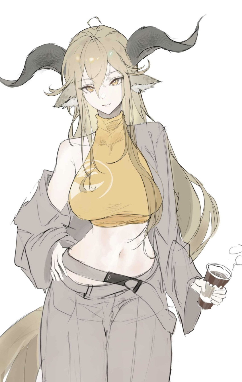 animal_ears arknights coffee cup degenbrecher_(arknights) disposable_cup female goat_ears goat_girl goat_horns highres horns light_brown_hair navel official_alternate_costume pants simple_background sleeveless smile solo unfox_9 white_background