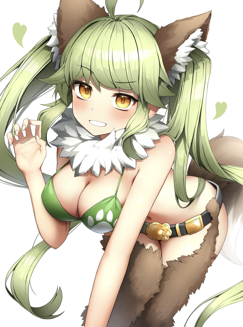 absurdres ahoge animal_ears bare_shoulders belt bikini bikini_top_only blush breasts brown_tail claw_pose cleavage commentary_request deale_(nyanko_daisensou) detached_collar feet_out_of_frame fur_collar green_bikini green_hair hand_up heart heart_background highres large_breasts leaning_forward long_hair looking_at_viewer navel nyanko_daisensou open_mouth outstretched_arm paw_print paw_print_pattern pepushi_drow sidelocks simple_background smile swimsuit tail teeth twintails very_long_hair white_background wolf_ears wolf_tail yellow_eyes