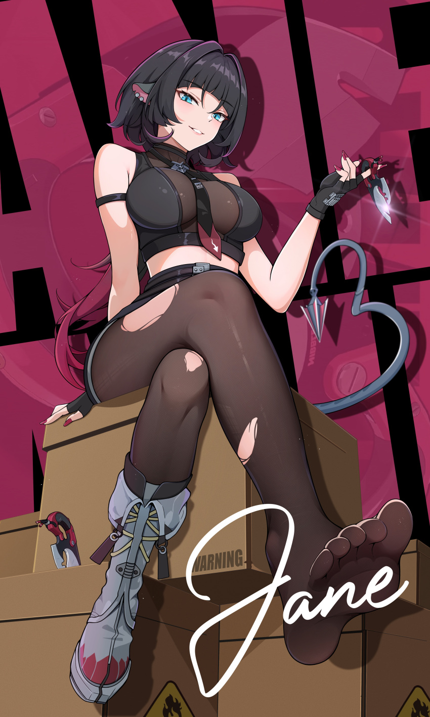 absurdres animal_ear_piercing animal_ears arm_strap bare_shoulders between_breasts black_gloves black_hair black_necktie blue_eyes bodystocking boots box breasts brown_pantyhose cardboard_box character_name chinese_commentary cleavage commentary_request crop_top crossed_legs feet female fingerless_gloves fingernails full_body glint gloves grey_footwear grey_tail hand_up highres holding holding_weapon jane_doe_(zenless_zone_zero) knee_boots light_particles long_fingernails long_hair medium_breasts multicolored_hair nail_polish necktie necktie_between_breasts on_box pantyhose pink_hair pink_nails shoes sitting sitting_on_box sleeveless smile soles solo tail toes torn_clothes torn_pantyhose two-tone_hair unworn_shoes weapon zenless_zone_zero zhutou_333