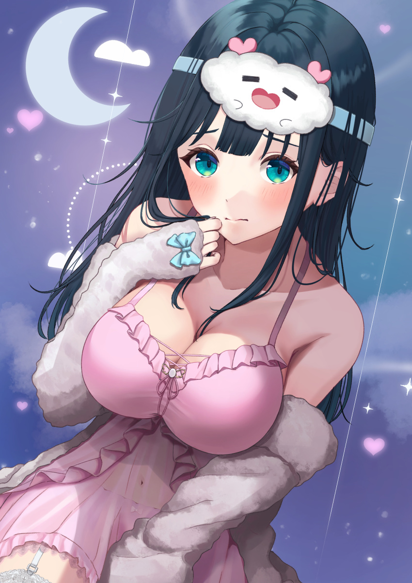 absurdres amano_nene_(vtuber) amano_nene_(vtuber)_(pajama) aqua_eyes black_hair bloomers blush breasts character_mask cleavage cloudtomo_(amano_nene) crescent dutch_angle embarrassed female frilled_nightgown fur_jacket garter_straps hand_up highres jacket lace-trimmed_thighhighs lace_trim large_breasts long_hair looking_at_viewer mask mask_on_head messy_hair nightgown official_alternate_costume official_alternate_hairstyle open_clothes open_jacket parted_hair pink_bloomers pink_nightgown production_kawaii see-through_clothes shima_koushi sky sleep_mask sleepwear solo star_(sky) starry_sky thighhighs upper_body virtual_youtuber white_garter_straps white_jacket