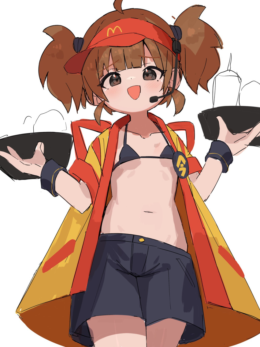 :d badge bikini bikini_under_clothes black_bikini black_shorts black_wristband blush breasts brown_eyes brown_hair burger button_badge commentary cowboy_shot cup disposable_cup double_cheese_(mcdonald's) female food happi hat headset highres holding holding_tray japanese_clothes looking_at_viewer mcdonald's mero_remo_sugoi mesugaki microphone midriff navel open_happi open_mouth petite raised_eyebrows red_hat red_trim short_hair shorts simple_background small_breasts smile solo sweatdrop swimsuit tray twintails unfinished visor_cap white_background yellow_background yellow_happi