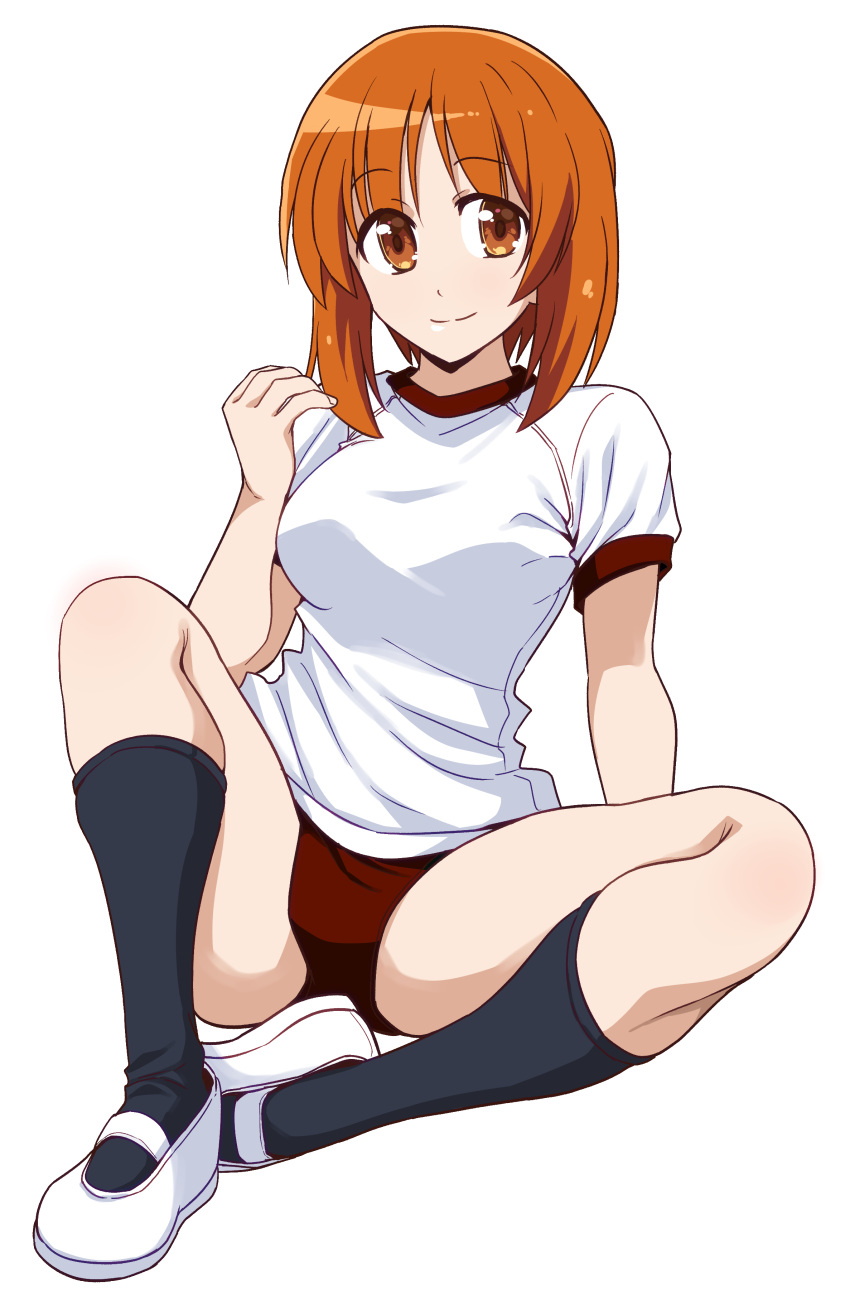 absurdres black_socks brown_eyes brown_hair buruma butterfly_sitting closed_mouth commentary female girls_und_panzer gym_shirt gym_uniform highres looking_at_viewer nishizumi_miho ponzu_rui red_buruma shirt shoes short_hair short_sleeves simple_background sitting smile socks solo t-shirt uwabaki white_background white_footwear white_shirt