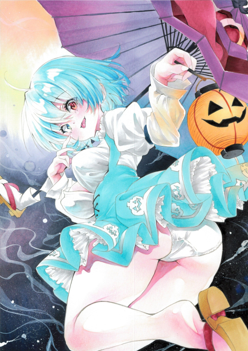 absurdres arim0k0 ass blue_eyes blue_hair blue_skirt blush breasts brown_footwear commentary female full_body geta halloween_costume heterochromia highres holding holding_umbrella jack-o'-lantern juliet_sleeves karakasa_obake large_breasts long_sleeves looking_at_viewer looking_back open_mouth panties puffy_sleeves purple_umbrella red_eyes shirt short_hair skirt solo tatara_kogasa tongue tongue_out touhou traditional_media umbrella underwear white_panties white_shirt