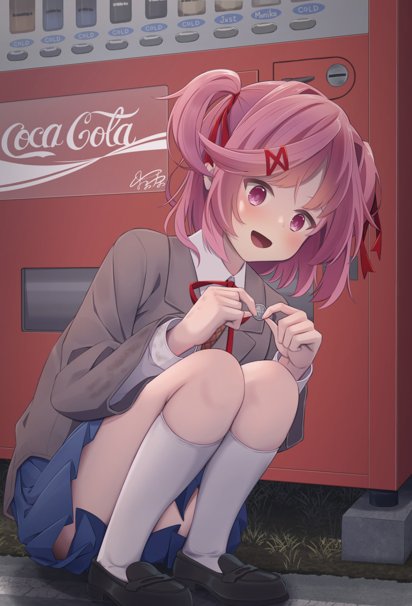 absurdres blazer coca-cola coin commentary_request doki_doki_literature_club female full_body hair_ornament hair_ribbon hairclip highres holding holding_coin jacket long_sleeves looking_at_viewer matchamassa natsuki_(doki_doki_literature_club) neck_ribbon open_mouth pink_eyes pink_hair pleated_skirt ribbon school_uniform skirt socks solo squatting two_side_up vending_machine