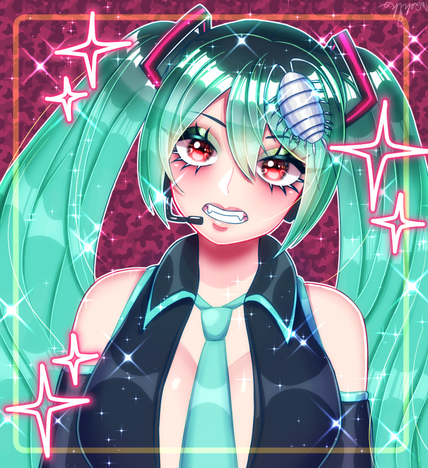 aqua_hair aqua_necktie between_breasts black_sleeves breasts calne_ca_(deino) commentary detached_sleeves eyelashes fangs female grin hair_between_eyes hatsune_miku headset highres isopod large_breasts lips looking_at_viewer nato-kun necktie necktie_between_breasts pink_background red_eyes signature smile solo teeth twintails vocaloid washiko