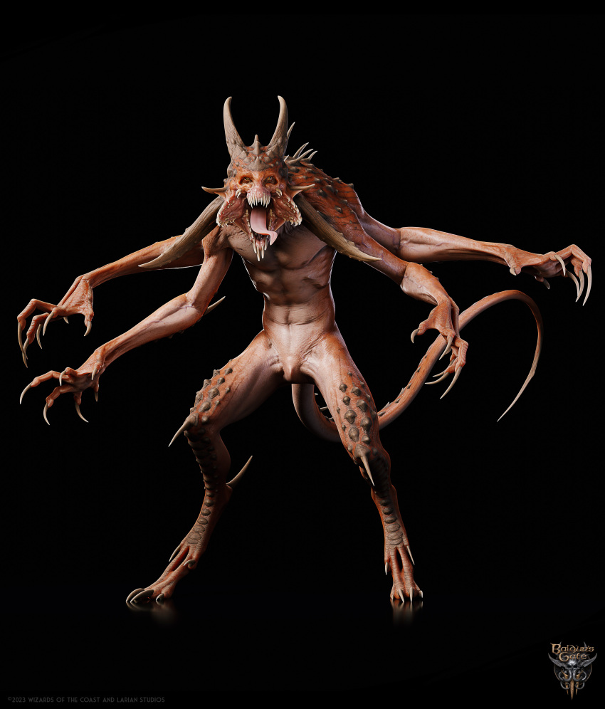 3d_(artwork) abs absurd_res anthro baldur's_gate baldur's_gate_3 bioware biped black_background black_sclera brown_body claws digital_media_(artwork) digitigrade dungeons_and_dragons electronic_arts hasbro hi_res horn mandibles maxime_ponslet monster multi_limb multicolored_body muscular muscular_thighs nails nipples nude official_art orange_eyes pecs scales sharp_teeth simple_background slayer_(baldur's_gate) solo spikes spikes_(anatomy) tail teeth the_dark_urge_(baldur's_gate) two_tone_body wizards_of_the_coast