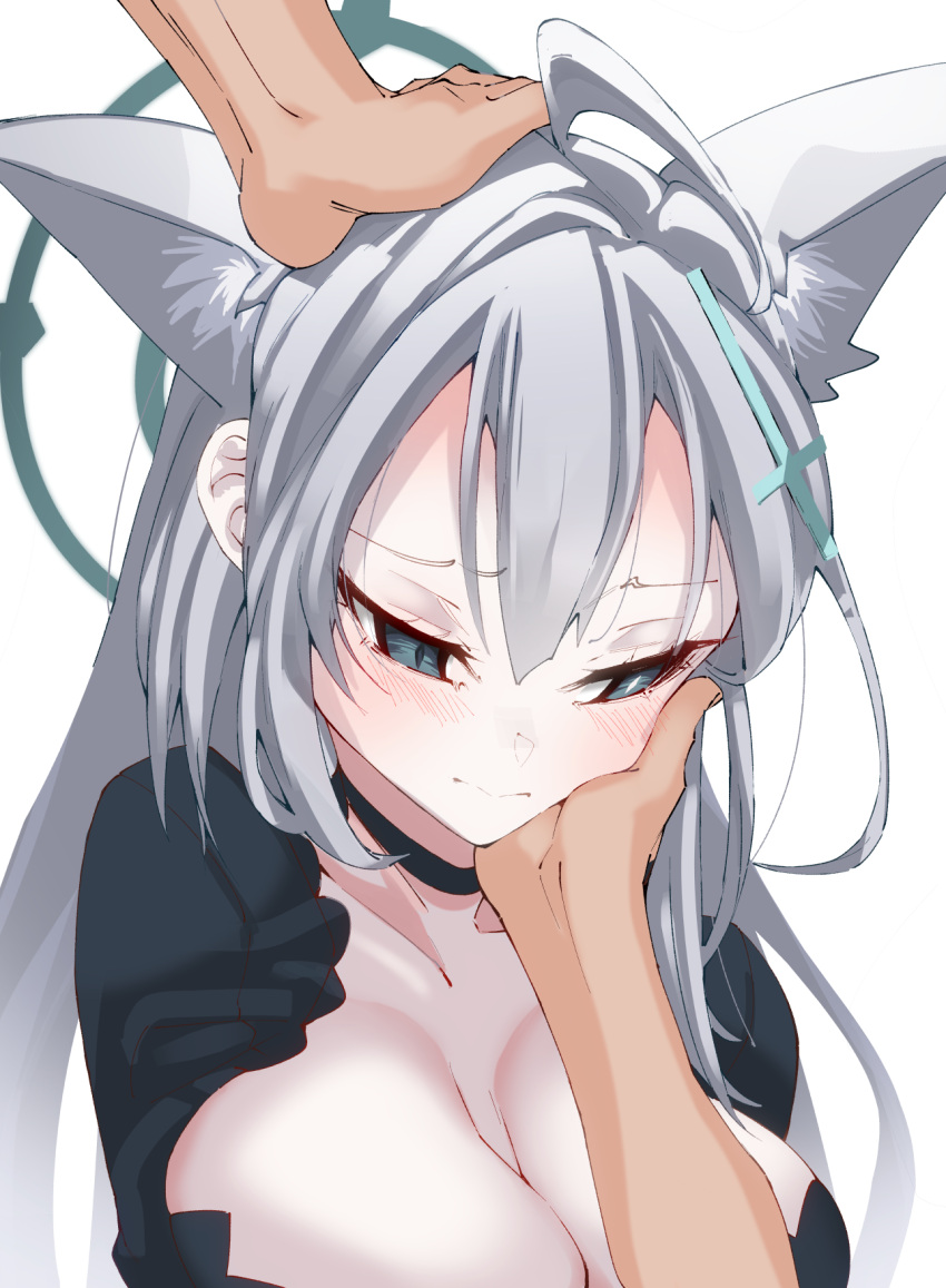 ahoge animal_ear_fluff animal_ears black_choker black_dress black_halo blue_archive blue_eyes blush breasts choker cleavage cross cross_hair_ornament dark_halo dress extra_ears female for-u grey_hair hair_ornament halo headpat highres inverted_cross large_breasts long_hair long_sleeves mismatched_pupils shiroko_(blue_archive) shiroko_terror_(blue_archive) solo wolf_ears wolf_girl