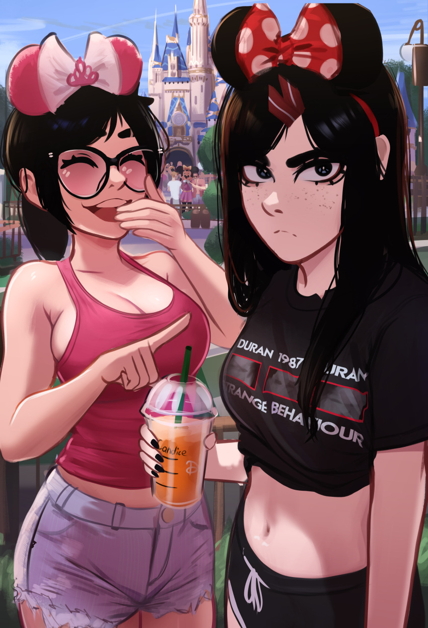 2girls absurdres animal_ears black_hair black_shirt black_shorts blue_eyes blue_shorts bow breasts cleavage closed_eyes closed_mouth clothes_writing commentary cowboy_shot cup day disneyland drinking_straw duran_duran english_commentary fake_animal_ears freckles frown glasses hairbow hand_up highres holding holding_cup kadence_(veyonis) large_breasts laughing long_hair looking_at_viewer midriff minnie_mouse mouse_ears multiple_girls navel open_mouth original outdoors pointing pointing_at_another polka_dot polka_dot_bow red_tank_top rosen_(veyonis) shirt short_sleeves shorts small_breasts standing tank_top teeth upper_teeth_only veyonis