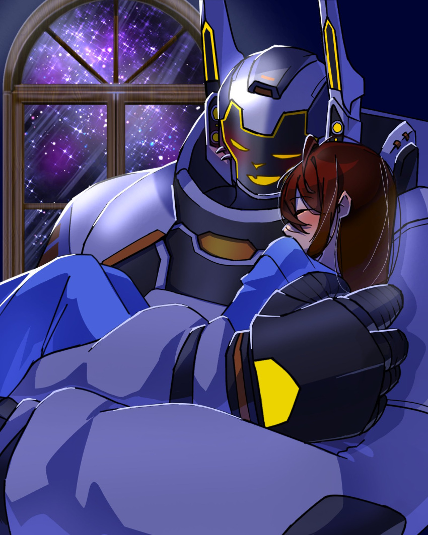 4:5 anthro bed brown_hair cuddling duo female female_operator furniture hair hi_res human lifewonders live_a_hero machine male mammal orbiter_(lah) ponytail robot screen screen_face shizu_ponnu