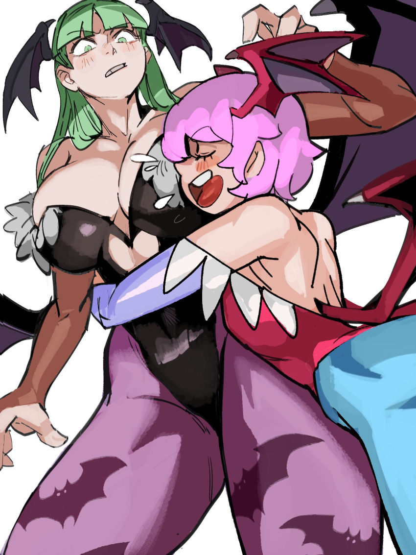 2girls 33dot animal_print bare_shoulders bat_print black_leotard blue_pantyhose blush breasts cleavage closed_eyes collarbone darkstalkers demon_girl demon_wings face_to_breasts green_eyes green_hair head_wings highres hug large_breasts leotard lilith_(darkstalkers) long_hair looking_at_another morrigan_aensland multiple_girls open_mouth panties pantyhose parted_lips pink_hair purple_panties purple_pantyhose red_leotard smile teeth tongue tongue_out underwear upper_teeth_only wings