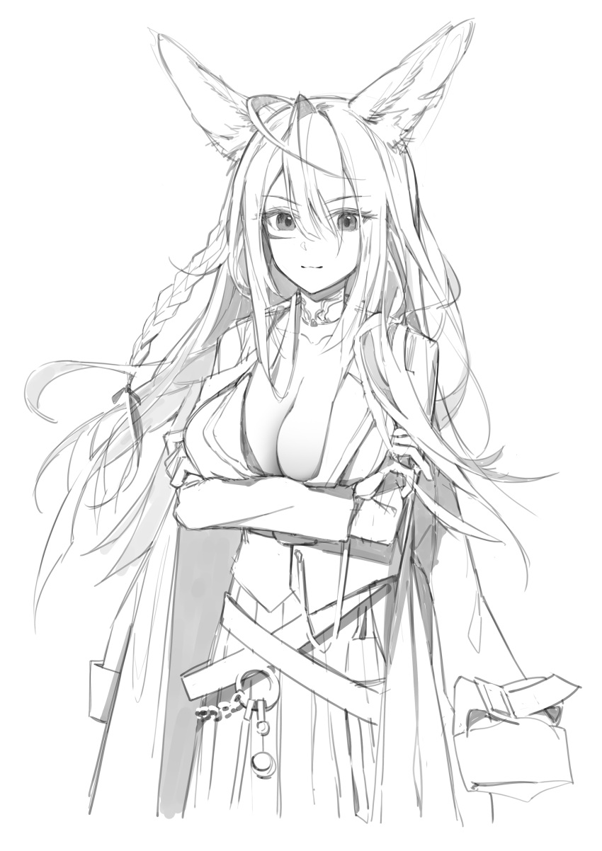 9am9i absurdres animal_ears arknights arms_under_breasts braid breasts cleavage closed_mouth coat coat_on_shoulders cropped_legs crossed_arms female greyscale hair_between_eyes hair_ribbon hashtag-only_commentary highres large_breasts light_smile long_hair long_sleeves looking_at_viewer monochrome ribbon scar scar_on_cheek scar_on_face shirt simple_background solo standing vulpisfoglia_(arknights) white_background