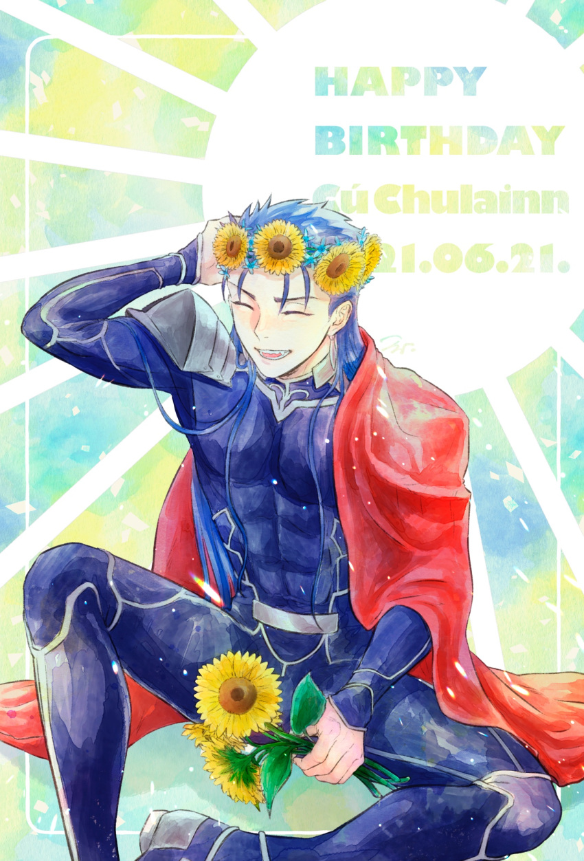 1boy abs armor blue_bodysuit blue_hair bodysuit cape closed_eyes cu_chulainn_(fate) cu_chulainn_(fate/stay_night) dated fate/stay_night fate_(series) flower happy_birthday head_wreath highres long_sleeves male_focus mushi_ari_yoshi pectorals red_cape shoulder_armor sitting solo spread_legs sunflower teeth