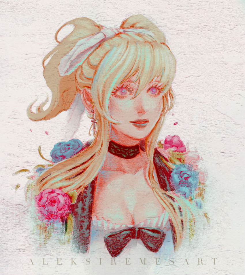 aleksi_remes artist_name black_bow black_choker blonde_hair blue_eyes blue_flower blue_lips bow breasts castlevania:_harmony_of_dissonance castlevania_(series) choker cleavage commentary cross cross_earrings earrings female flower hairbow highres jewelry long_hair lydie_elranger pink_flower solo