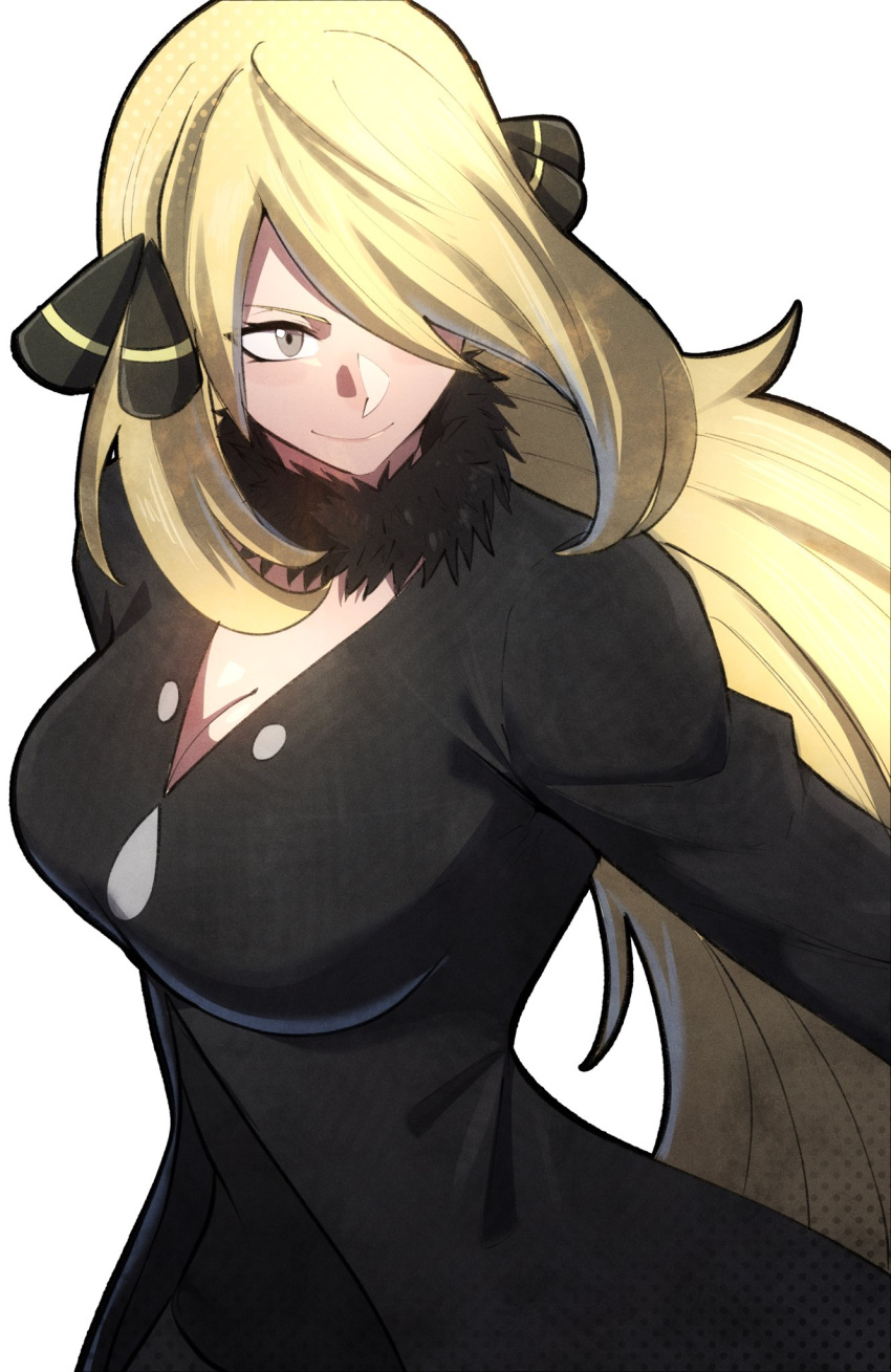 black_coat blonde_hair breasts cleavage closed_mouth coat commentary cynthia_(pokemon) female fur_collar hair_ornament hair_over_one_eye highres large_breasts long_hair long_sleeves looking_to_the_side pokemon pokemon_dppt smile solo thatamaan very_long_hair white_background