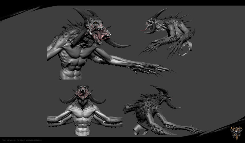 3d_(artwork) abs absurd_res anthro baldur's_gate baldur's_gate_3 bioware black_sclera claws digital_media_(artwork) dungeons_and_dragons electronic_arts hasbro hi_res horn mandibles maxime_ponslet monster multi_limb muscular nails nipples nude official_art open_mouth orange_eyes pecs scales sharp_teeth slayer_(baldur's_gate) solo spikes spikes_(anatomy) teeth the_dark_urge_(baldur's_gate) tongue upper_body wizards_of_the_coast