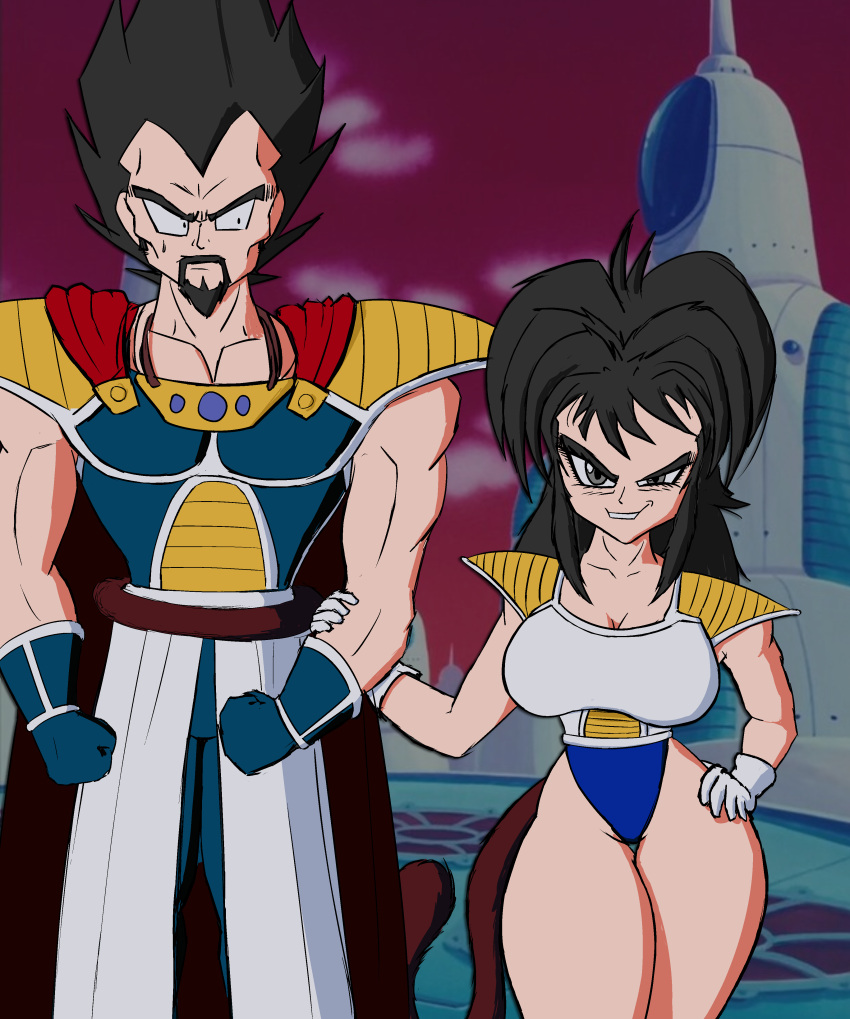 1boy absurdres armor assertive_female dragon_ball dragon_ball_z female gloves highres husband_and_wife king king_vegeta leotard monkey_tail mr-takoyama saiyan shortstack sidelocks size_difference smirk tail wide_hips